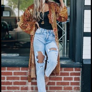 Angie Golden Velvet Floral Burnout Kimono Duster w/ Fringe - Size L